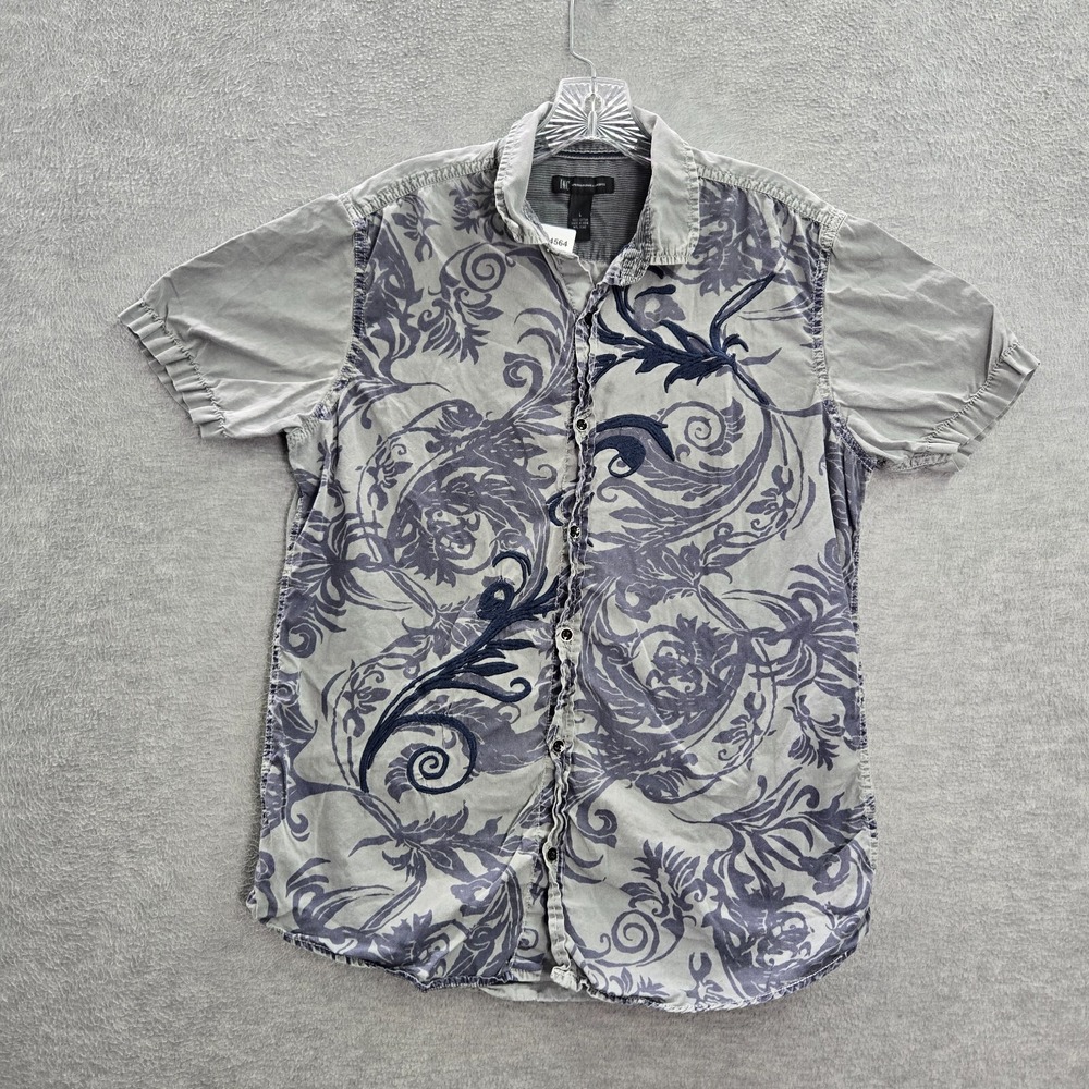 INC Men Button Up Shirt Large Gray Cotton Scroll Celtic Y2K Short Sleeve